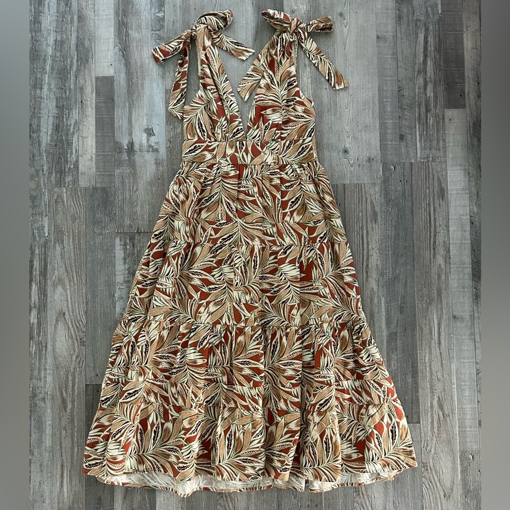 House of Harlow 1960 Rust and Beige Leaf-Print Tie-Shoulder Maxi Dress, Size S